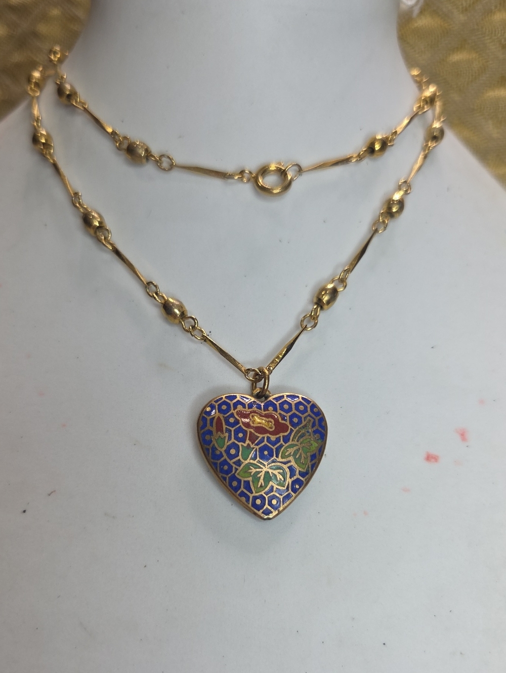 Vintage Heart Cloisonné Gold Plated Pendant Necklace with Blue Enamel